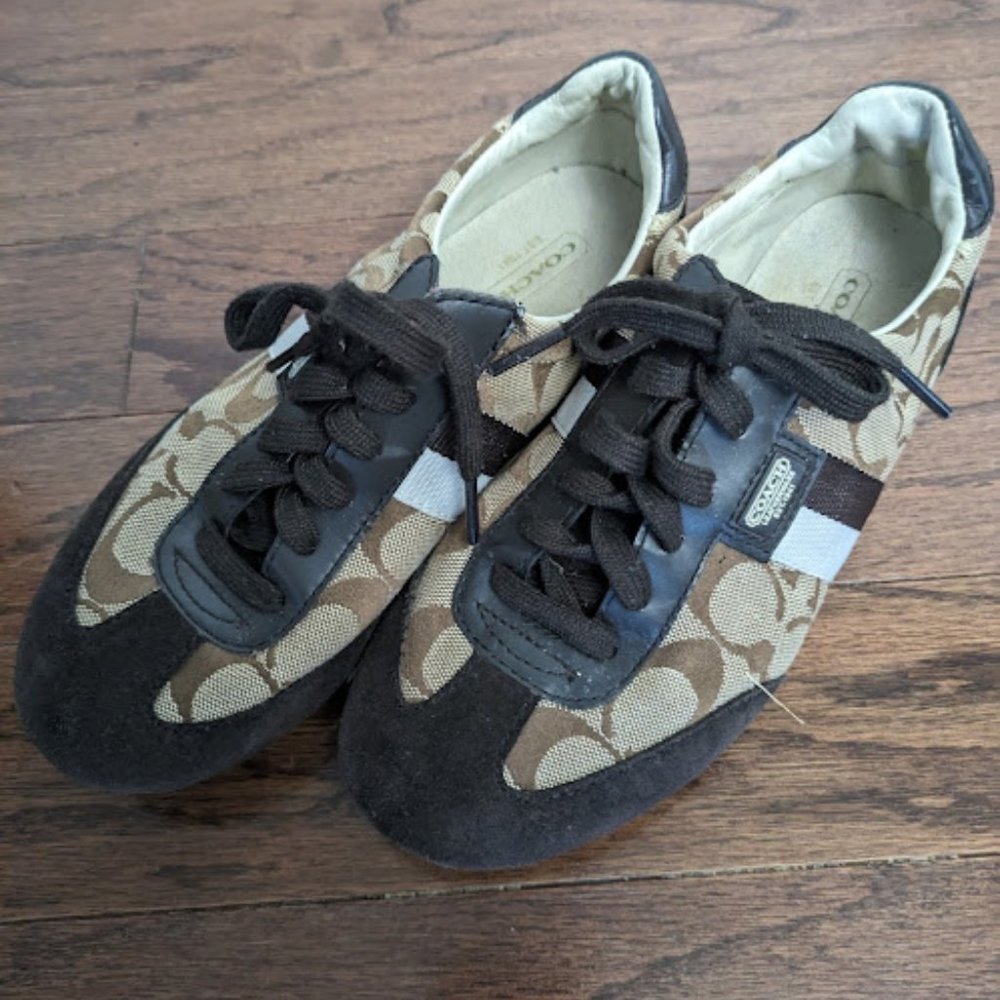 Coach Women Size 6m Kelson Brown Beige Signature Canvas Suede Shoes Sneakers